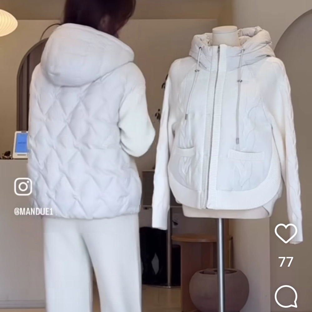 White Puffer Jacket with Hood and Quilted Design